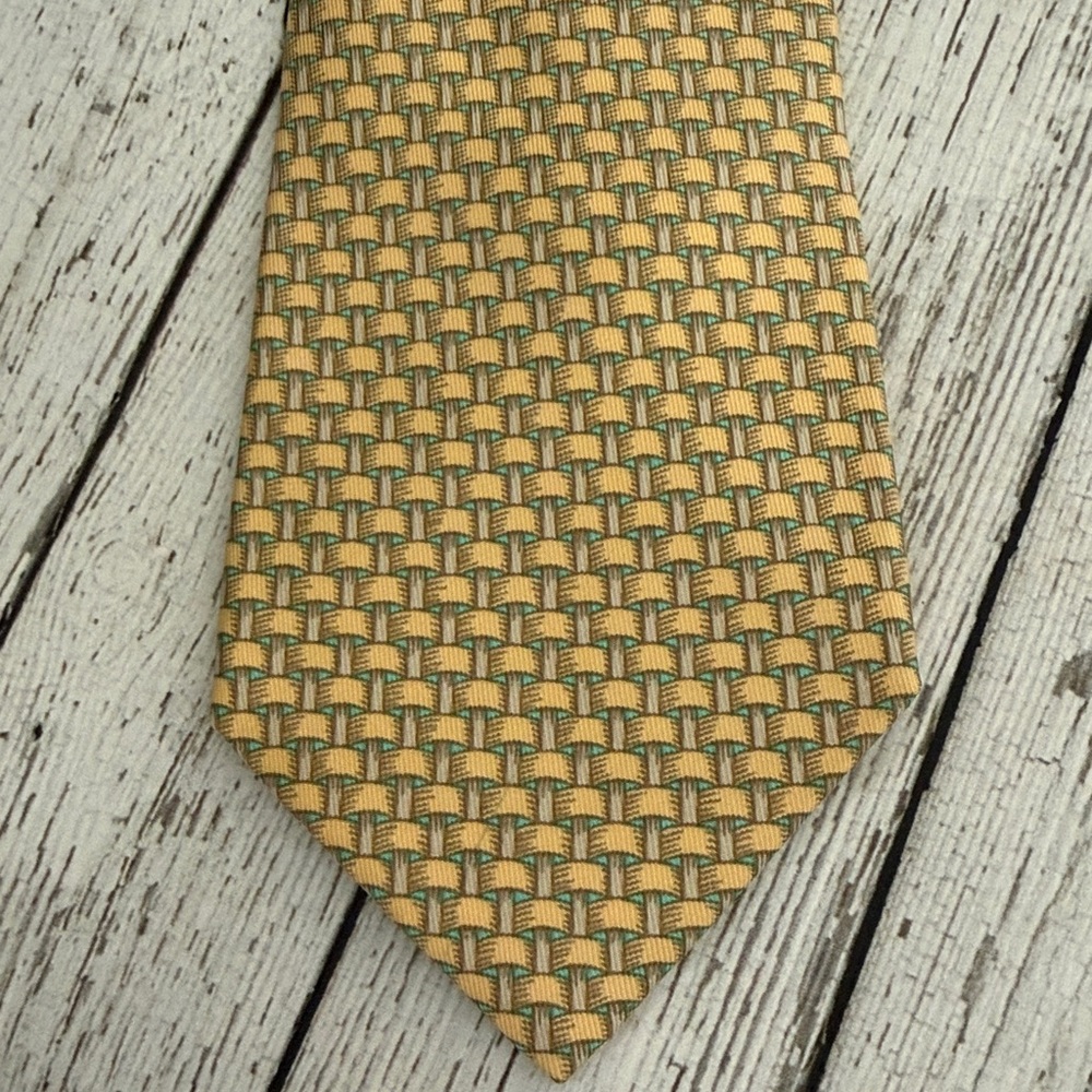 Hermes Woven Pattern Men's Tie in Gold and Teal